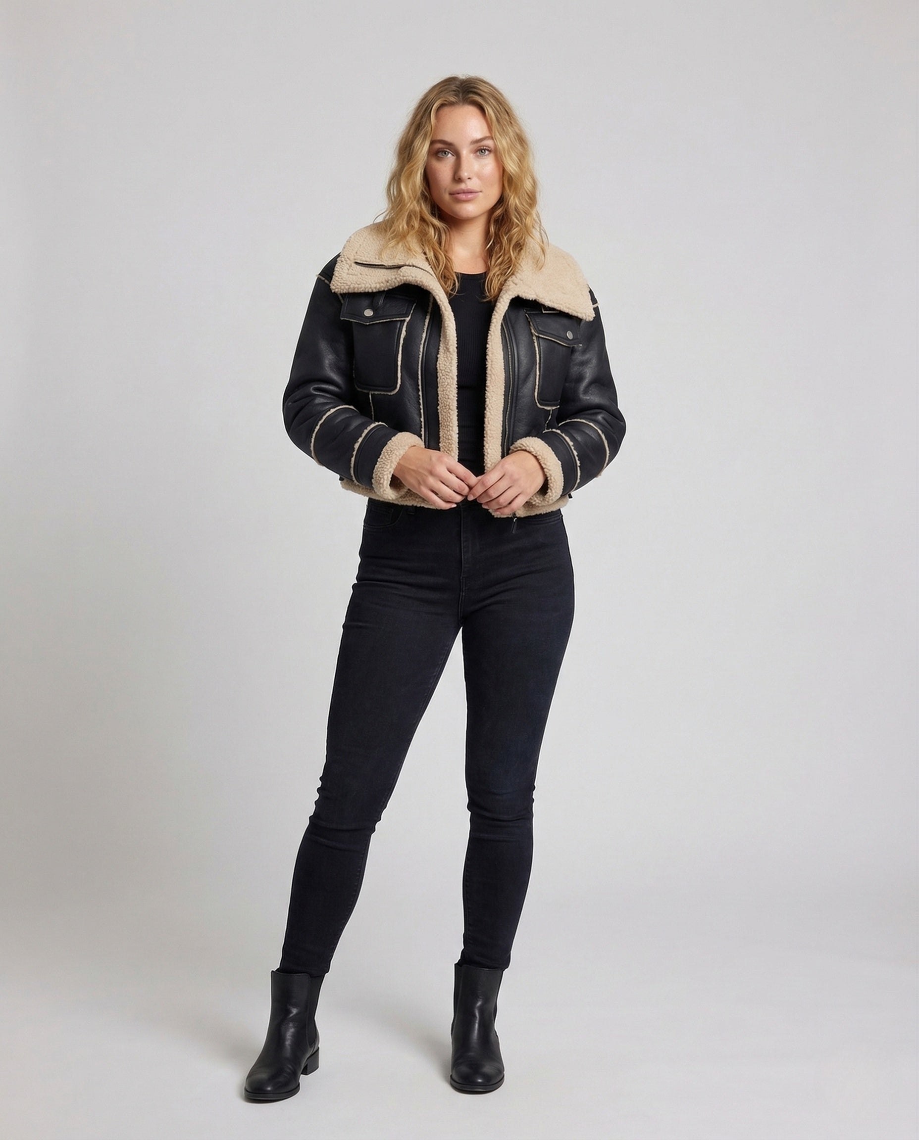 Damen Teddyjacke Kurz Lammfell Optik Kordelzug - Norvielle