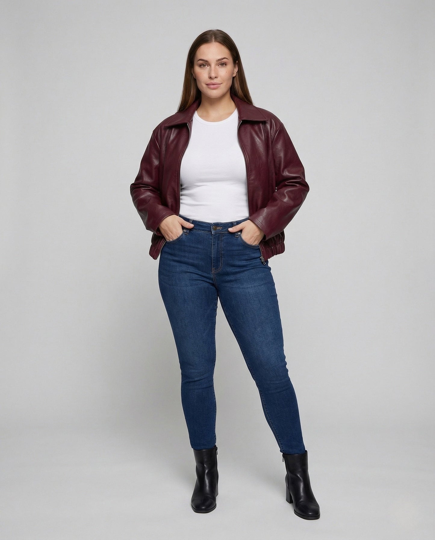 Damen Kunstlederjacke Locker Reißverschluss Hemdkragen - Norvielle