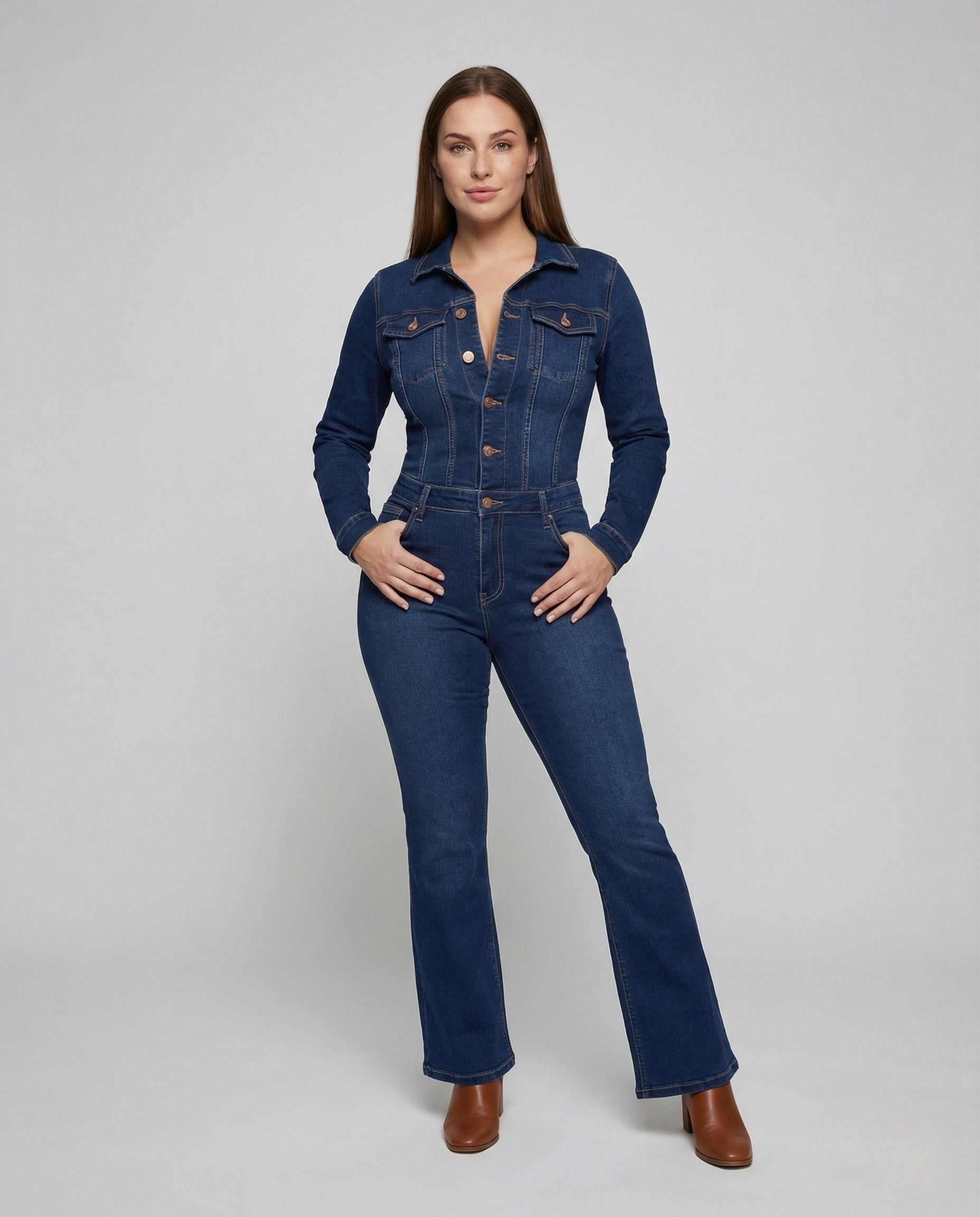 Damen Denim Overall Tailliert Hemdkragen Ausgestelltes Bein - Norvielle