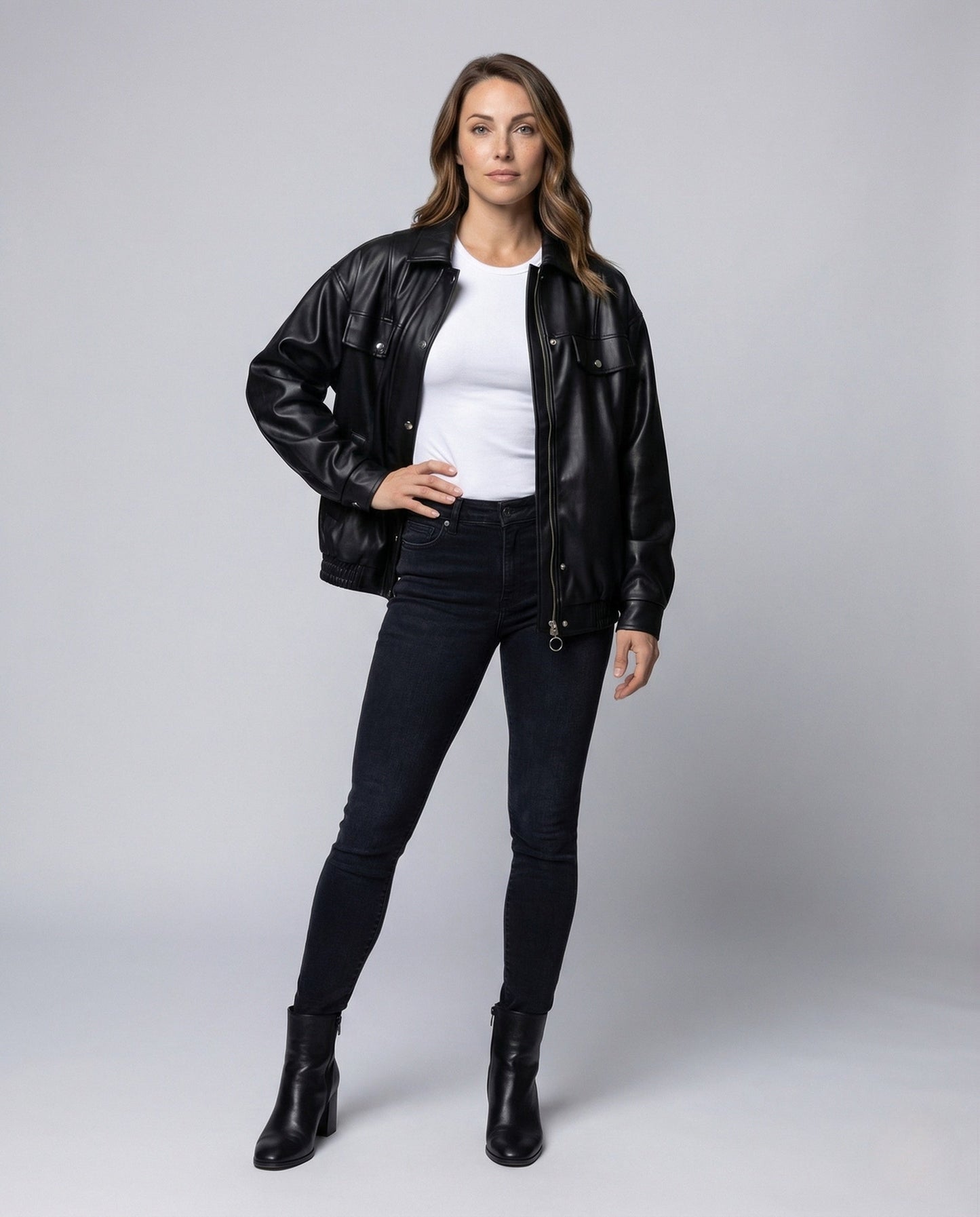 Damen Kunstlederjacke Weit Reißverschluss Elastisch Schwarz - Norvielle