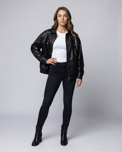 Damen Kunstlederjacke Weit Reißverschluss Elastisch Schwarz - Norvielle
