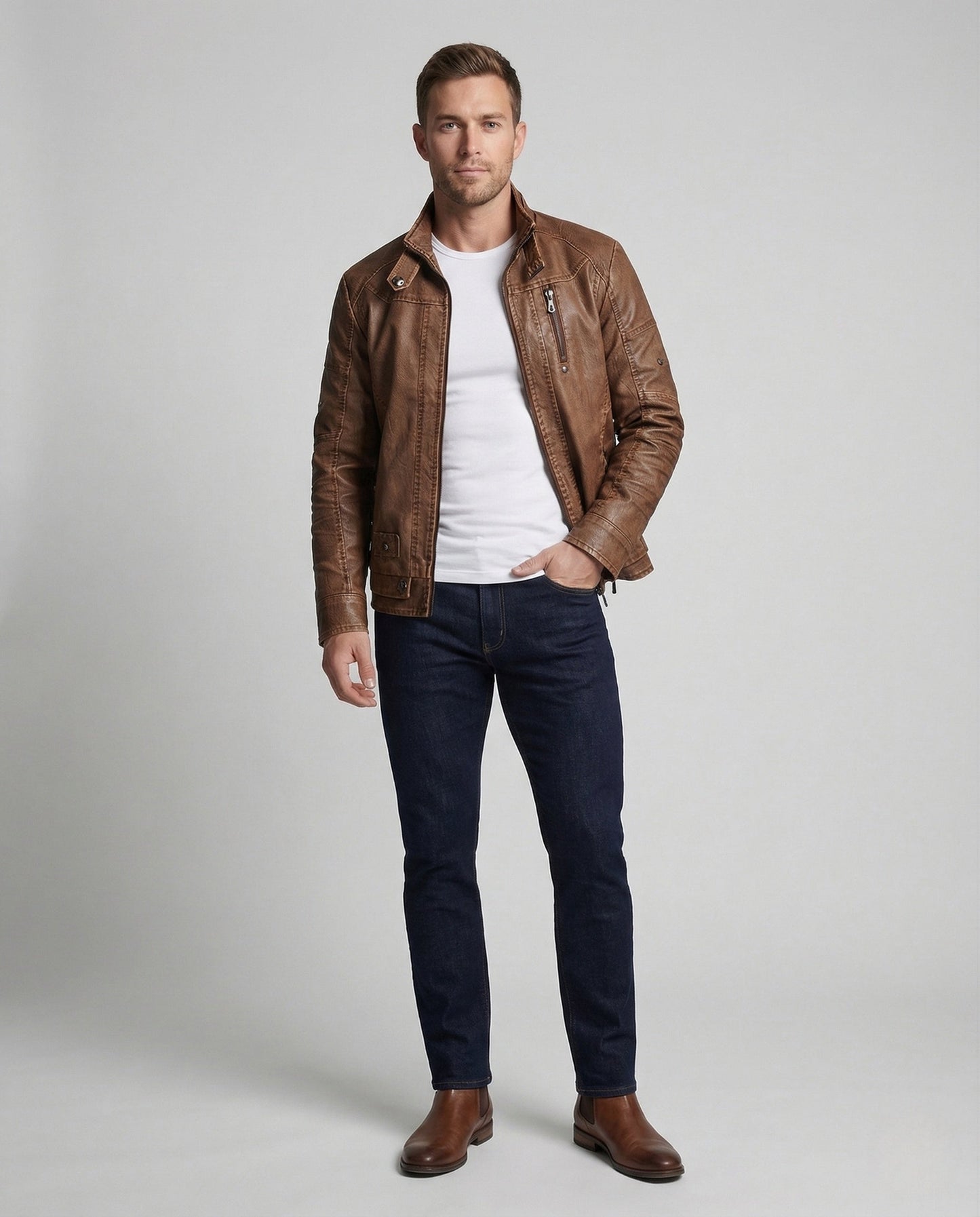 Herren Bikerjacke aus Kunstleder mit Stehkragen und Reißverschluss - Norvielle