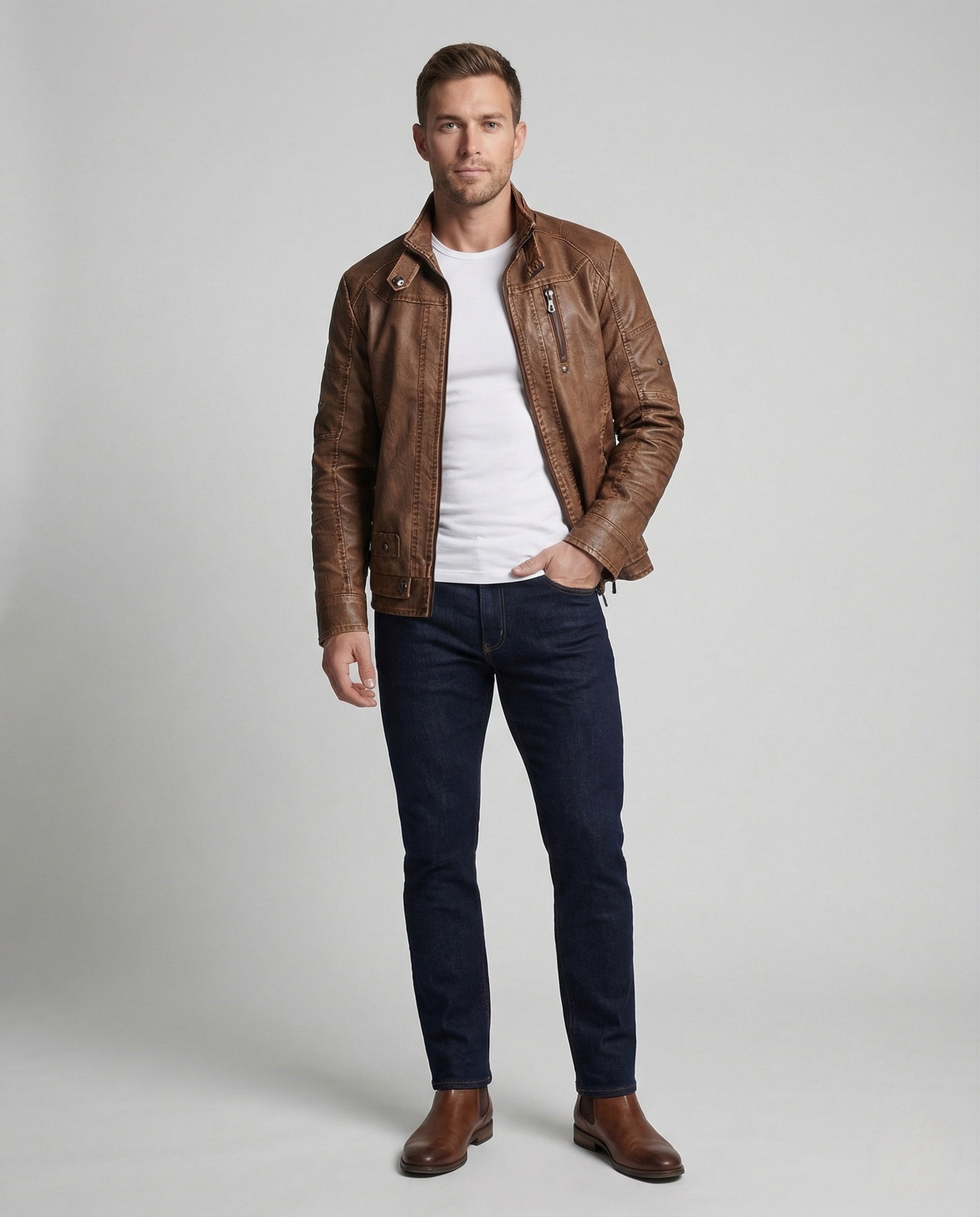 Herren Bikerjacke aus Kunstleder mit Stehkragen und Reißverschluss - Norvielle