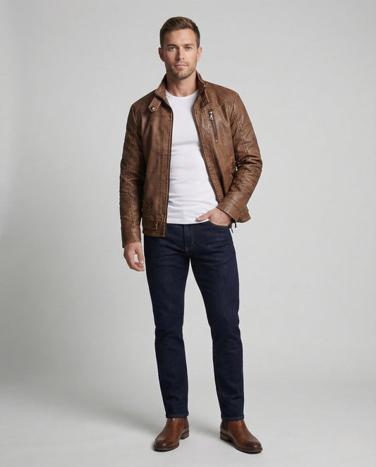 Herren Bikerjacke aus Kunstleder mit Stehkragen und Reißverschluss - Norvielle
