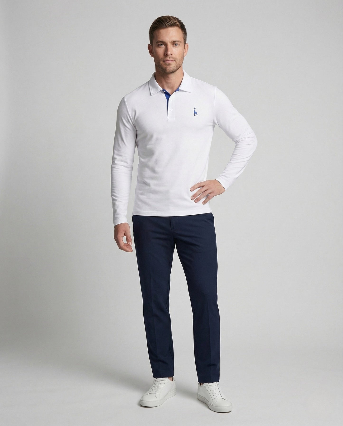 Herren Langarm Polo aus Baumwollpiqué mit Kentkragen und Logo - Norvielle