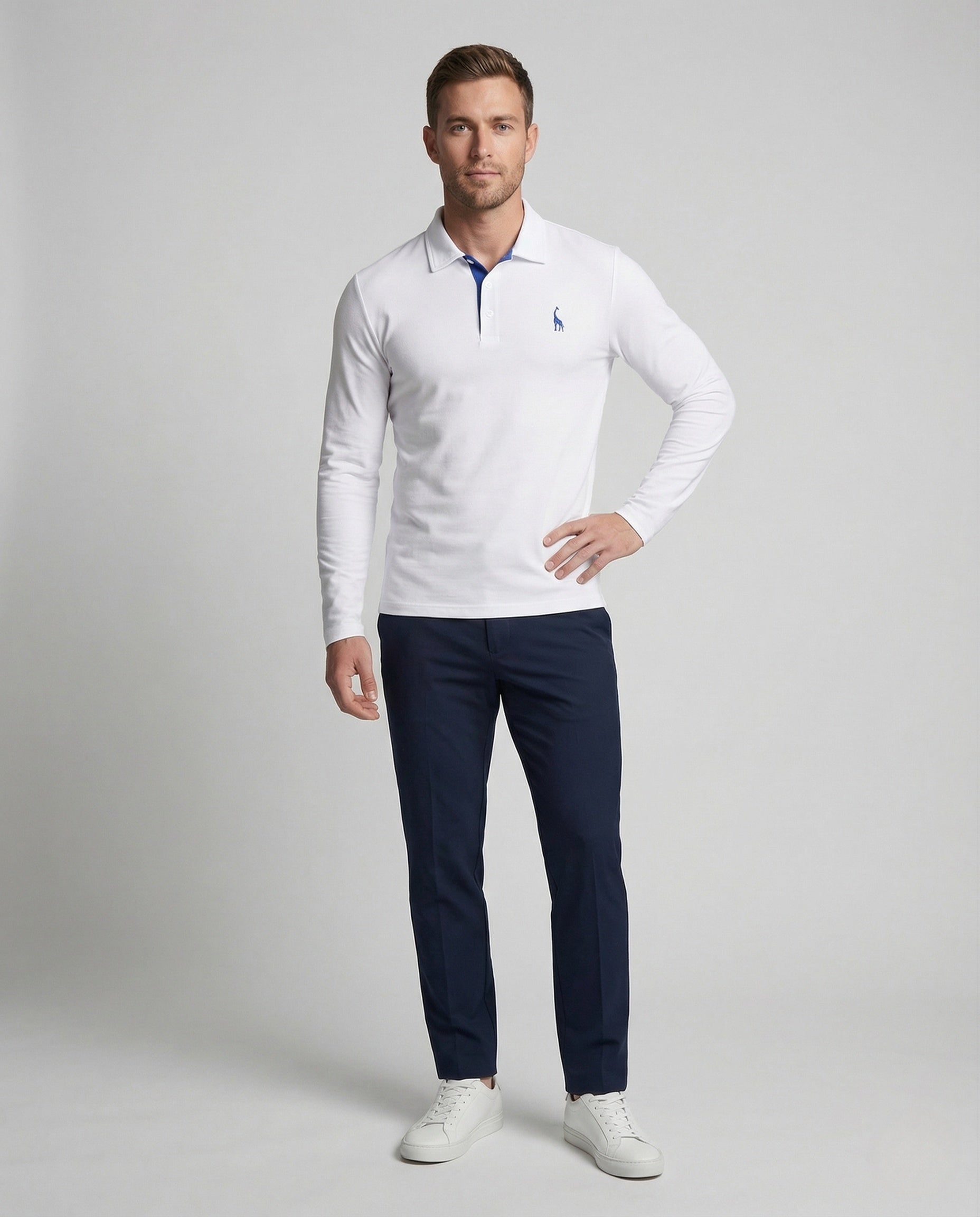 Herren Langarm Polo aus Baumwollpiqué mit Kentkragen und Logo - Norvielle