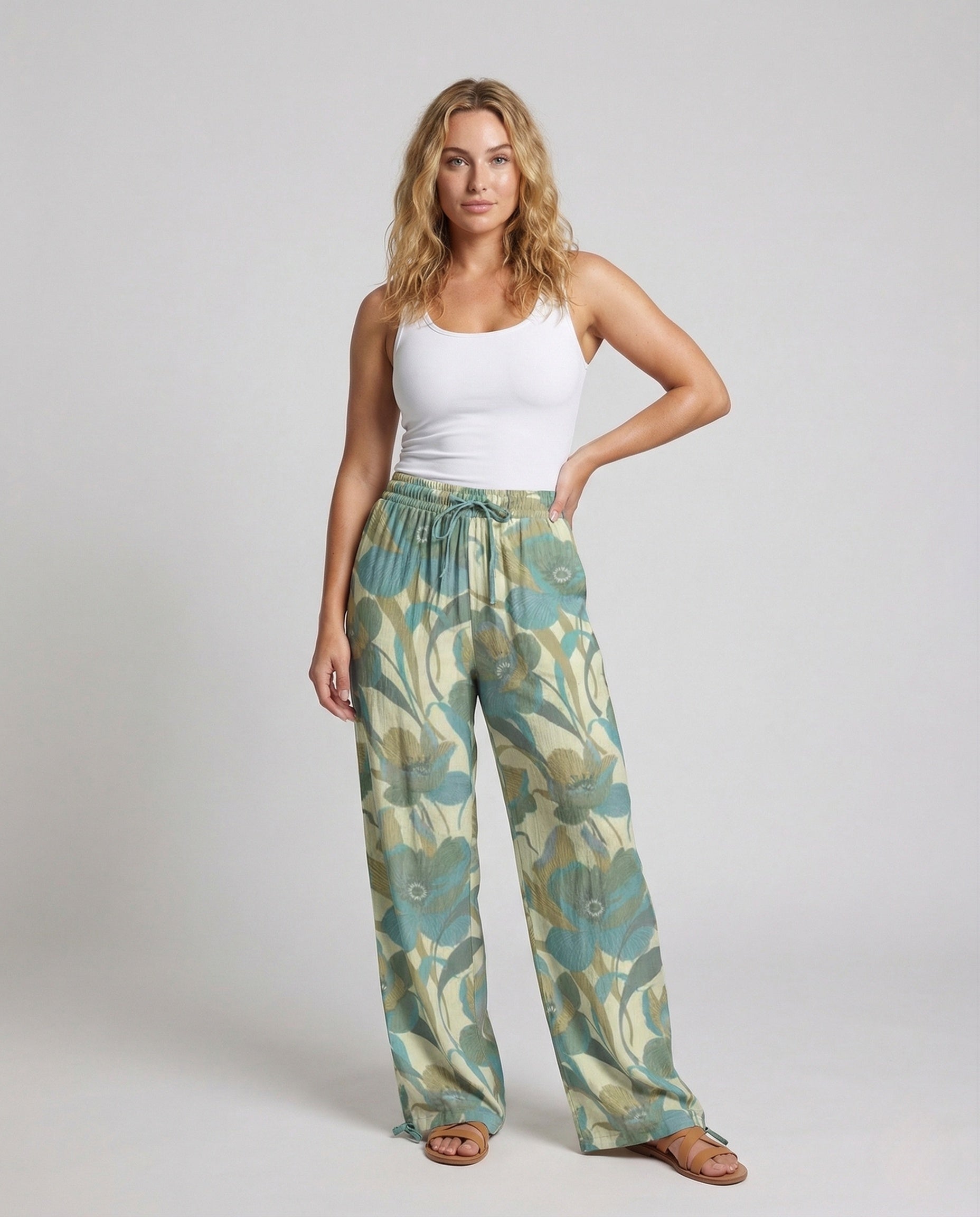 Damen Leinenhose Elastischer Bund Mit Kordelzug Beige - Norvielle