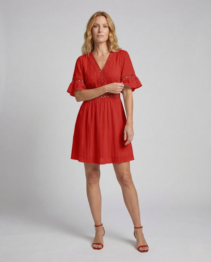 Damen Kurzkleid mit Plissee und V-Ausschnitt aus Spitze - Norvielle