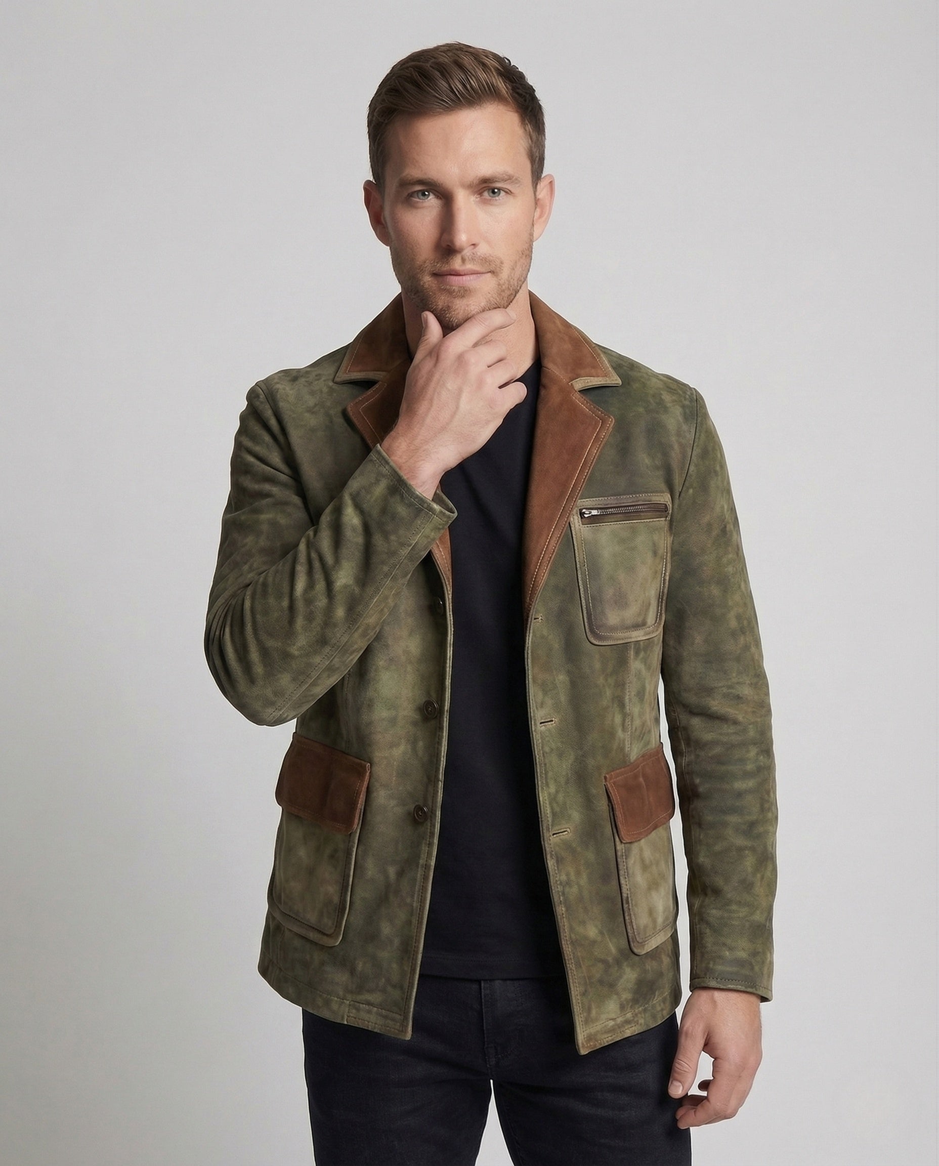 Herren Lederjacke Vintage Look Kontrastbesatz Schwarz - Norvielle