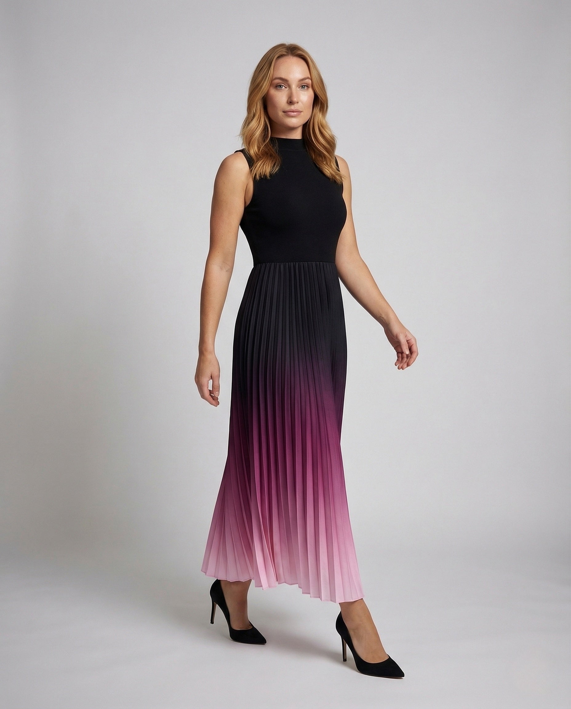 Damen Maxikleid Ärmellos Stehkragen Plissee - Norvielle