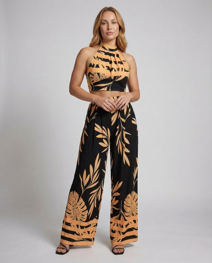 Damen Neckholder und Palazzo Hose Blattprint - Norvielle