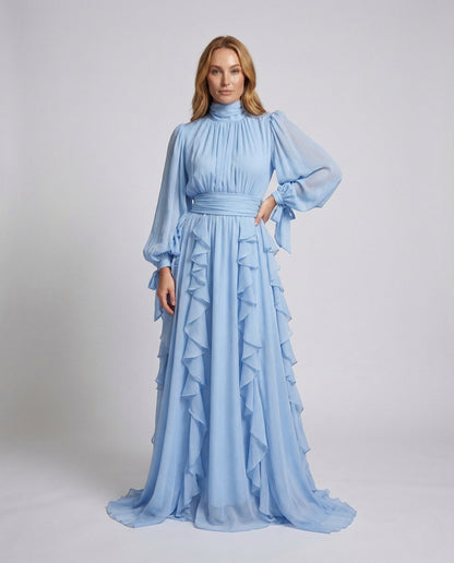 Damen Abendkleid Stehkragen Puffärmel Gürtel - Norvielle