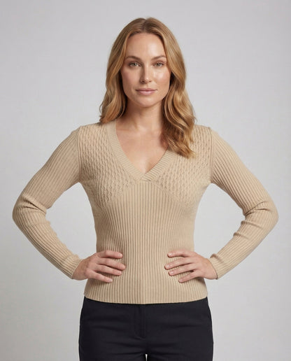 Damen Feinstrickpullover V-Ausschnitt Rippstruktur - Norvielle
