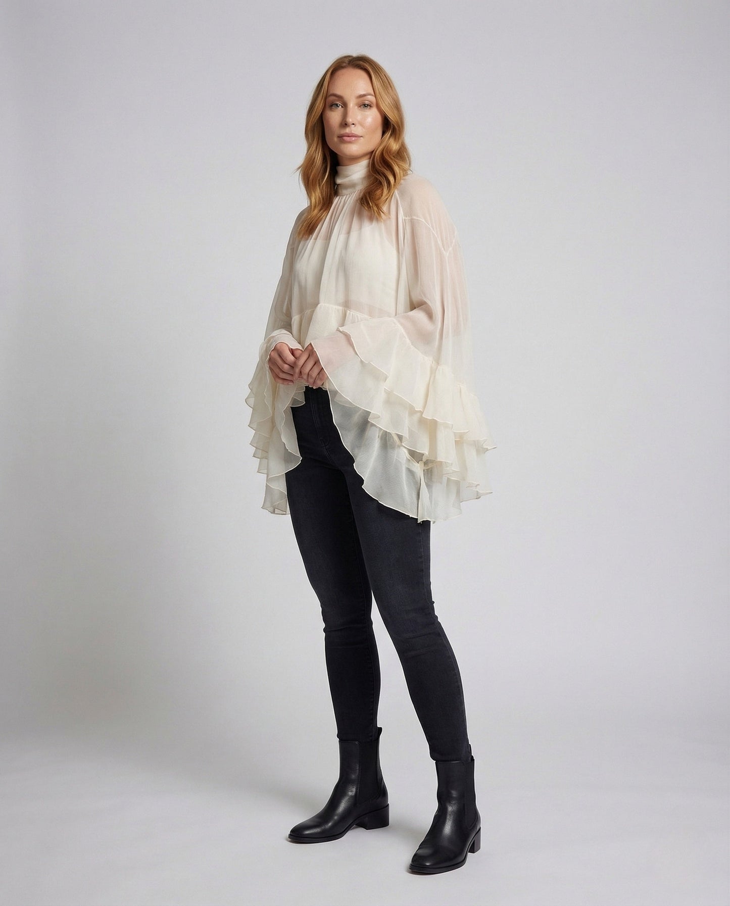 Damen Chiffon Bluse mit Volants und Stehkragen - Norvielle