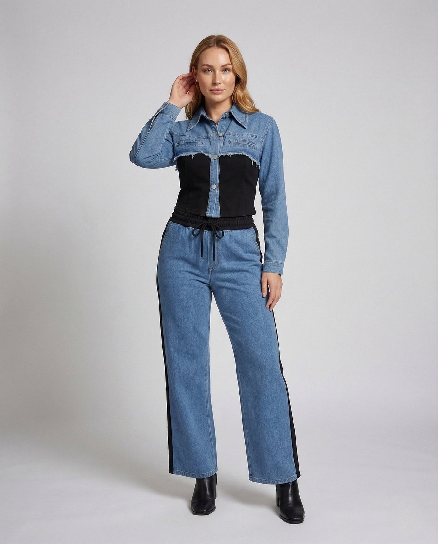 Damen Jeans-Set aus Stretch-Denim, Jacke und Jogginghose Schwarz - Norvielle