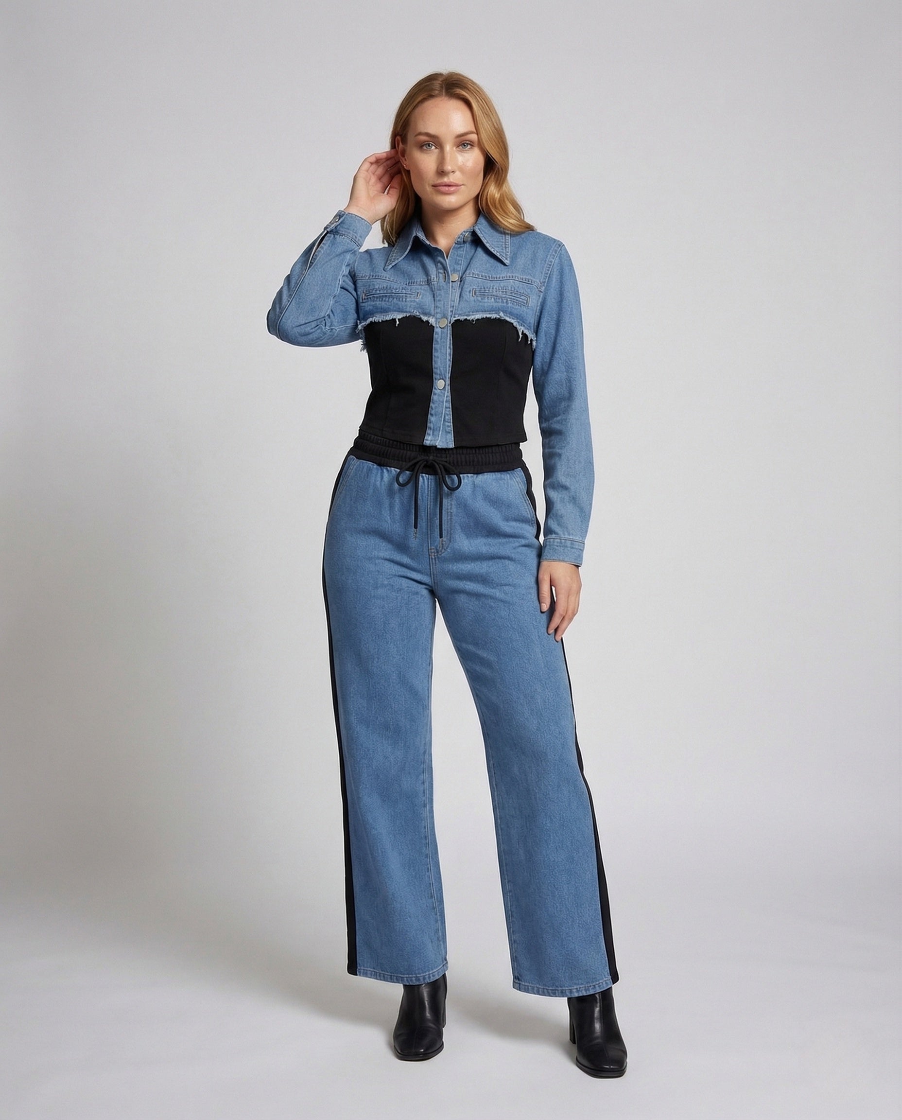 Damen Jeans-Set aus Stretch-Denim, Jacke und Jogginghose Schwarz - Norvielle