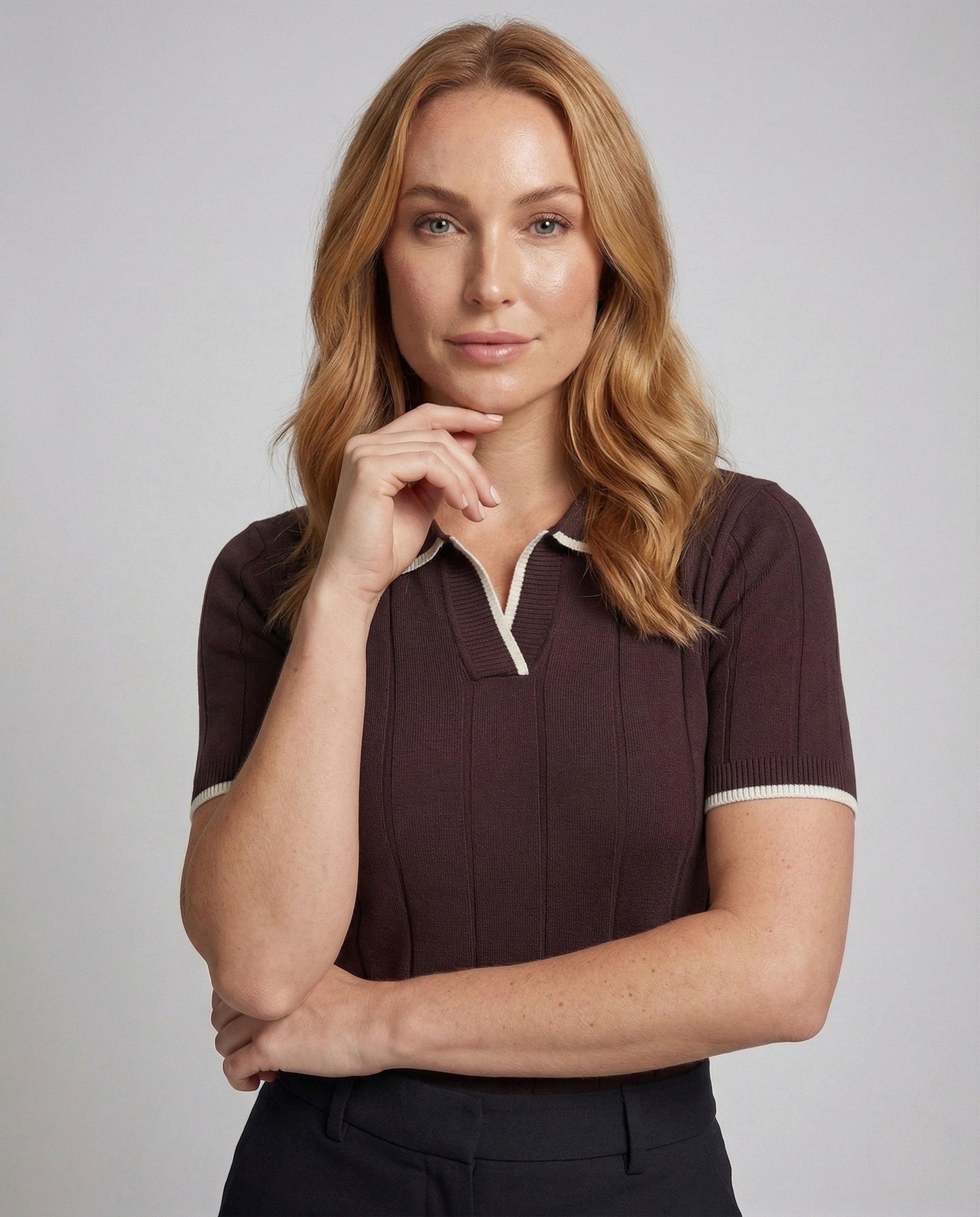 Damen Poloshirt Feinstrick V-Ausschnitt Kurzarm - Norvielle