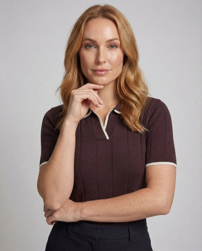 Damen Poloshirt Feinstrick V-Ausschnitt Kurzarm - Norvielle