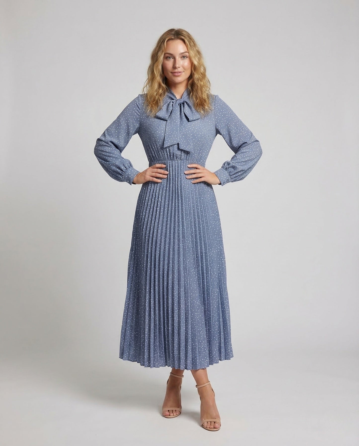 Damen Maxikleid Plissee mit Schleifenkragen und Gürtel - Norvielle