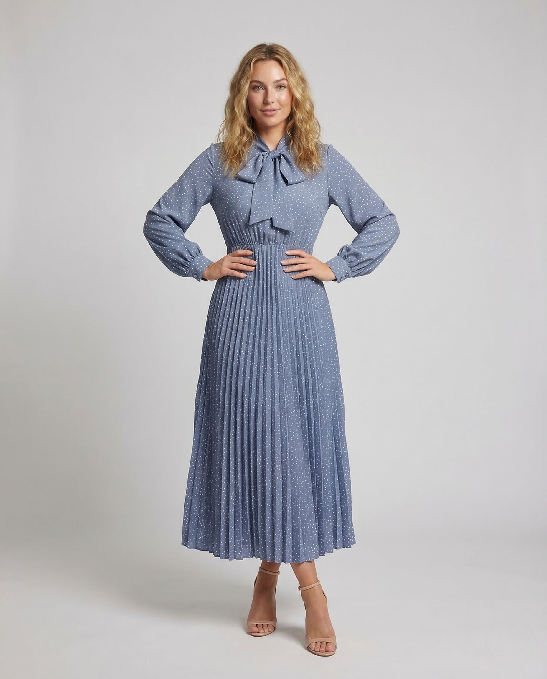 Damen Maxikleid Plissee mit Schleifenkragen und Gürtel - Norvielle