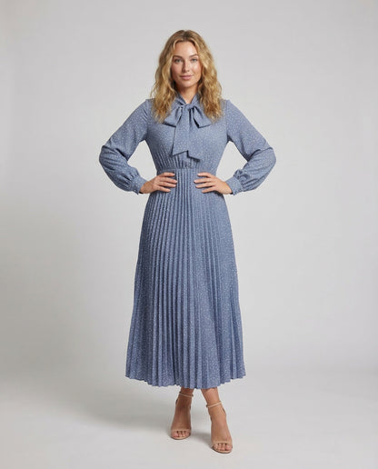 Damen Maxikleid Plissee mit Schleifenkragen und Gürtel - Norvielle