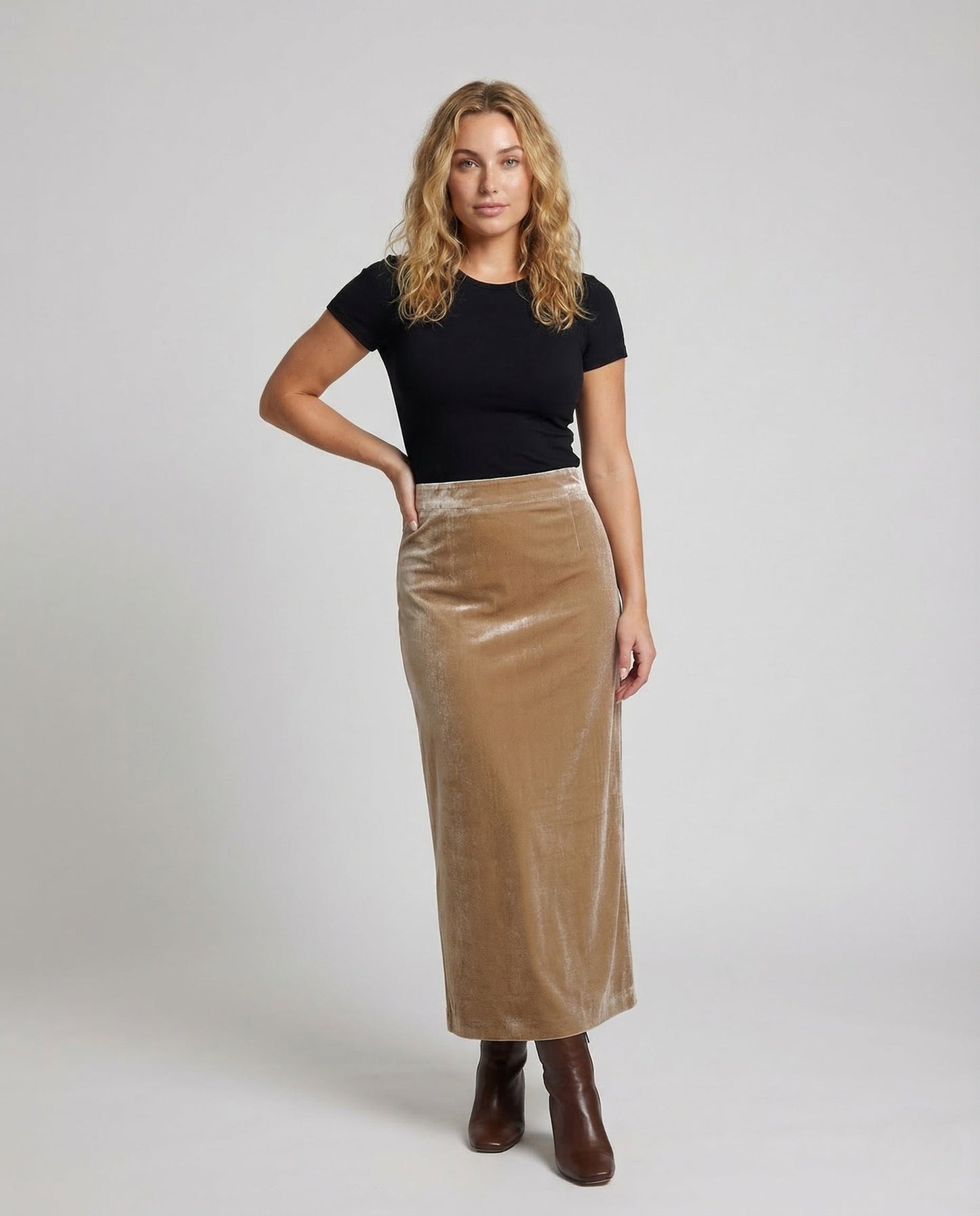 Damen High Waist Samt Midirock - Norvielle