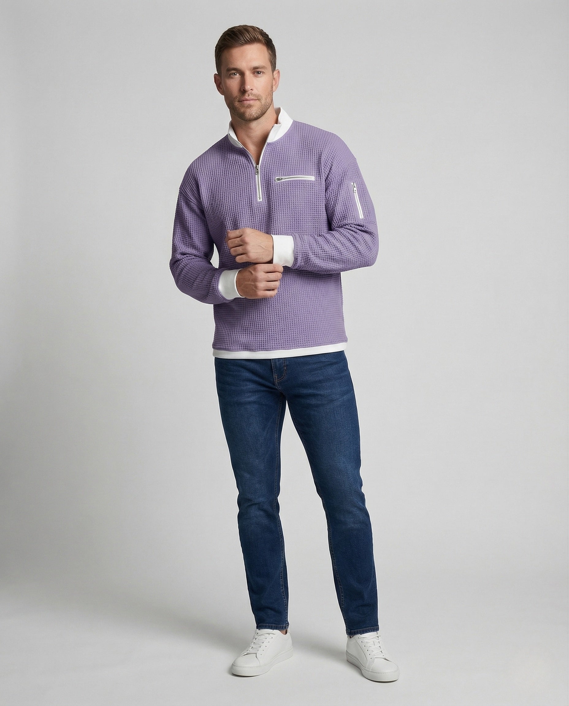 Herren Sweatshirt Waffelstrick Halb-Reißverschluss - Norvielle