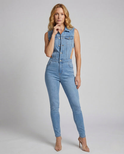 Damen Ärmellose Jumpsuit Tailliert Cutout Jeans - Norvielle