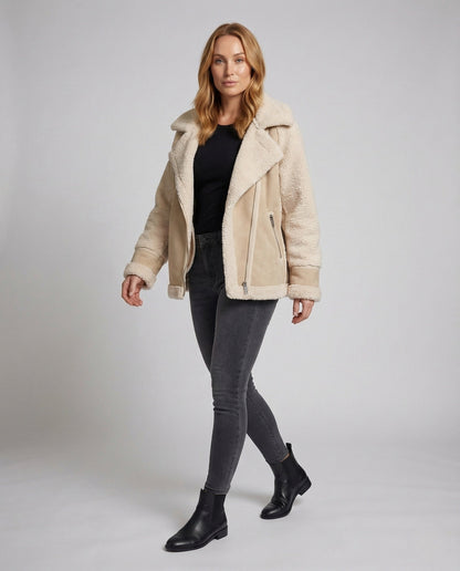 Damen Aviatorjacke Kurz Teddyfutter Kunstleder Schwarz - Norvielle