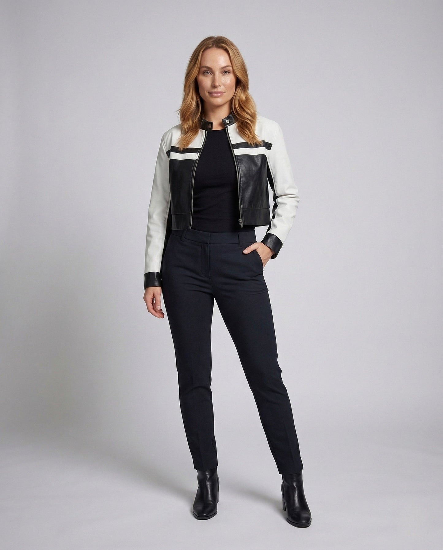 Damen Bikerjacke Kunstleder Kurz Reißverschluss Schwarz - Norvielle
