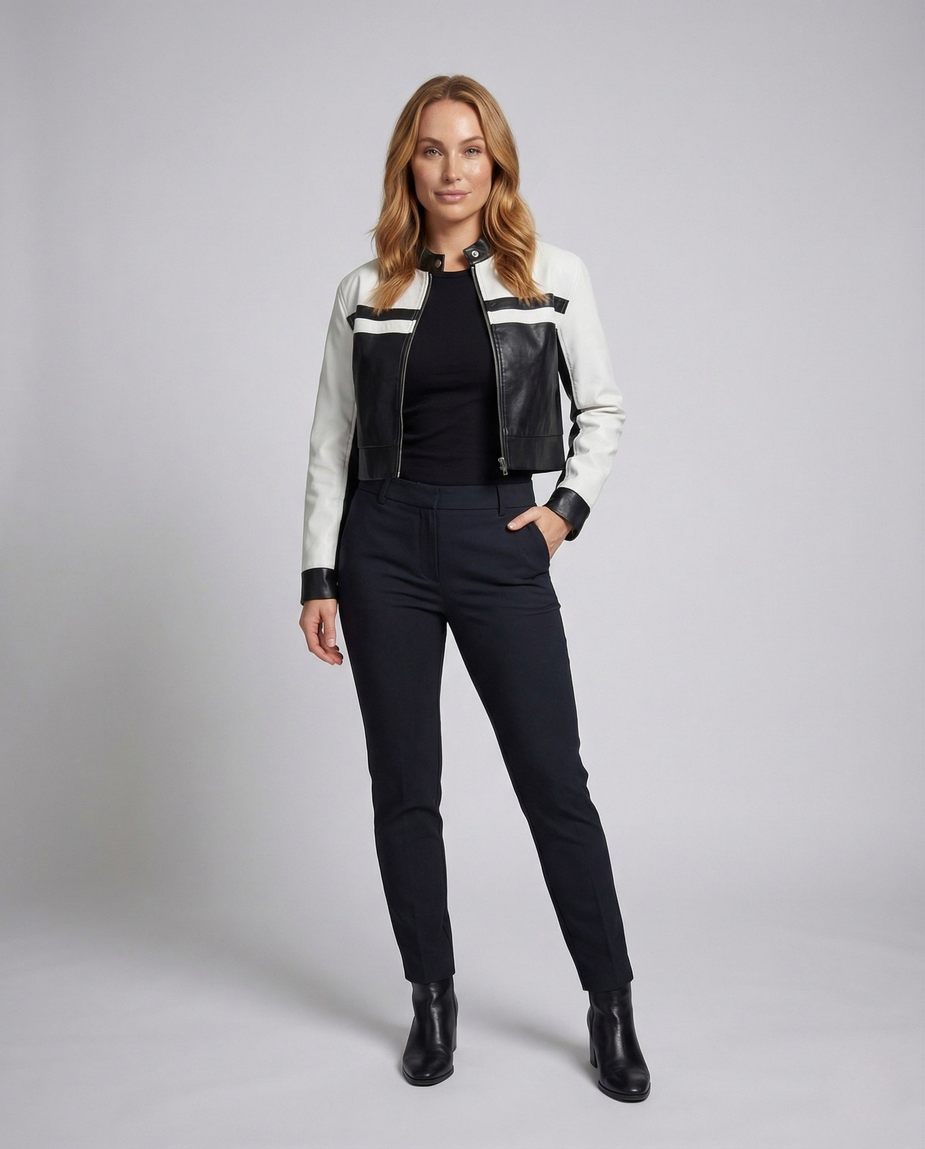 Damen Bikerjacke Kunstleder Kurz Reißverschluss Schwarz - Norvielle