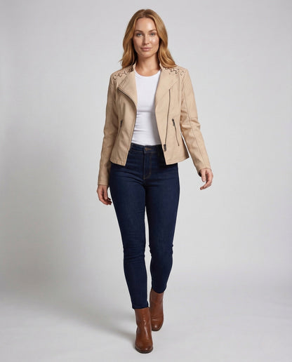 Damen Lederjacke Imitat Schnürdetail Schwarz - Norvielle