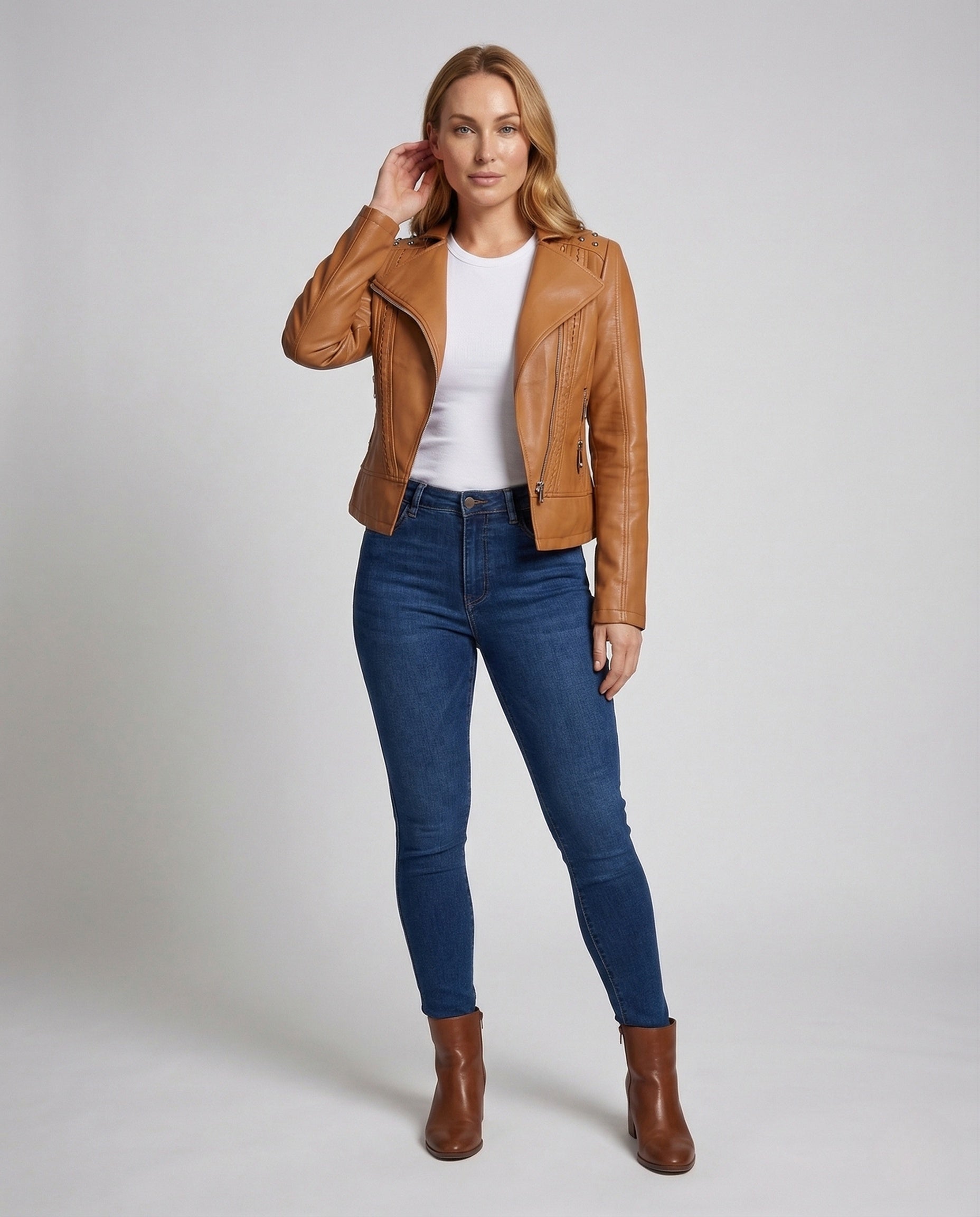 Damen Bikerjacke Kunstleder Nieten Schwarz - Norvielle