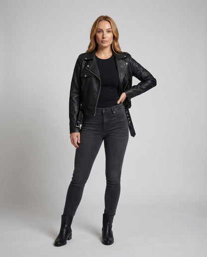 Damen Bikerjacke Kunstleder Schnallenbund Schwarz - Norvielle