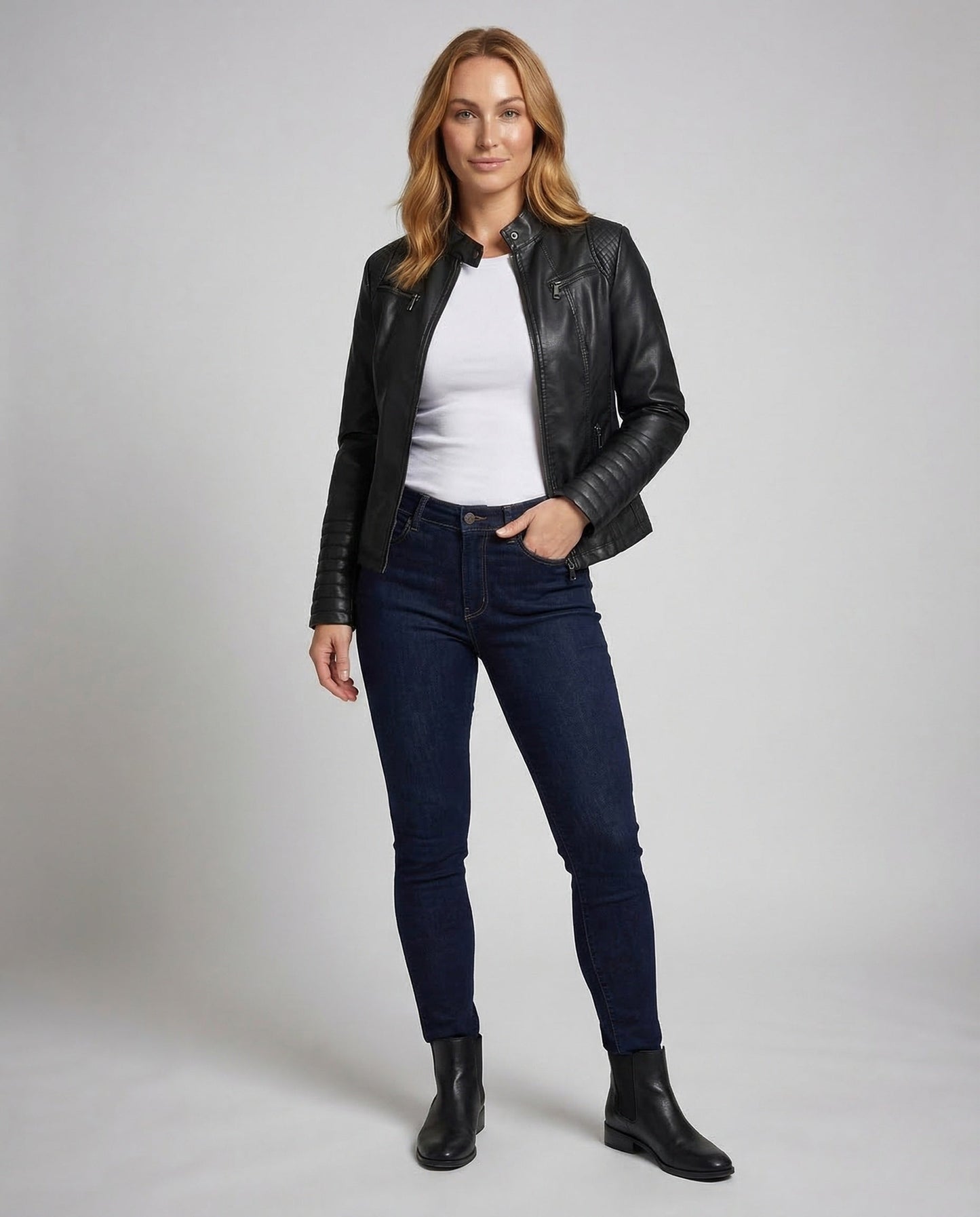Damen Bikerjacke Kunstleder Steppärmel Schwarz - Norvielle