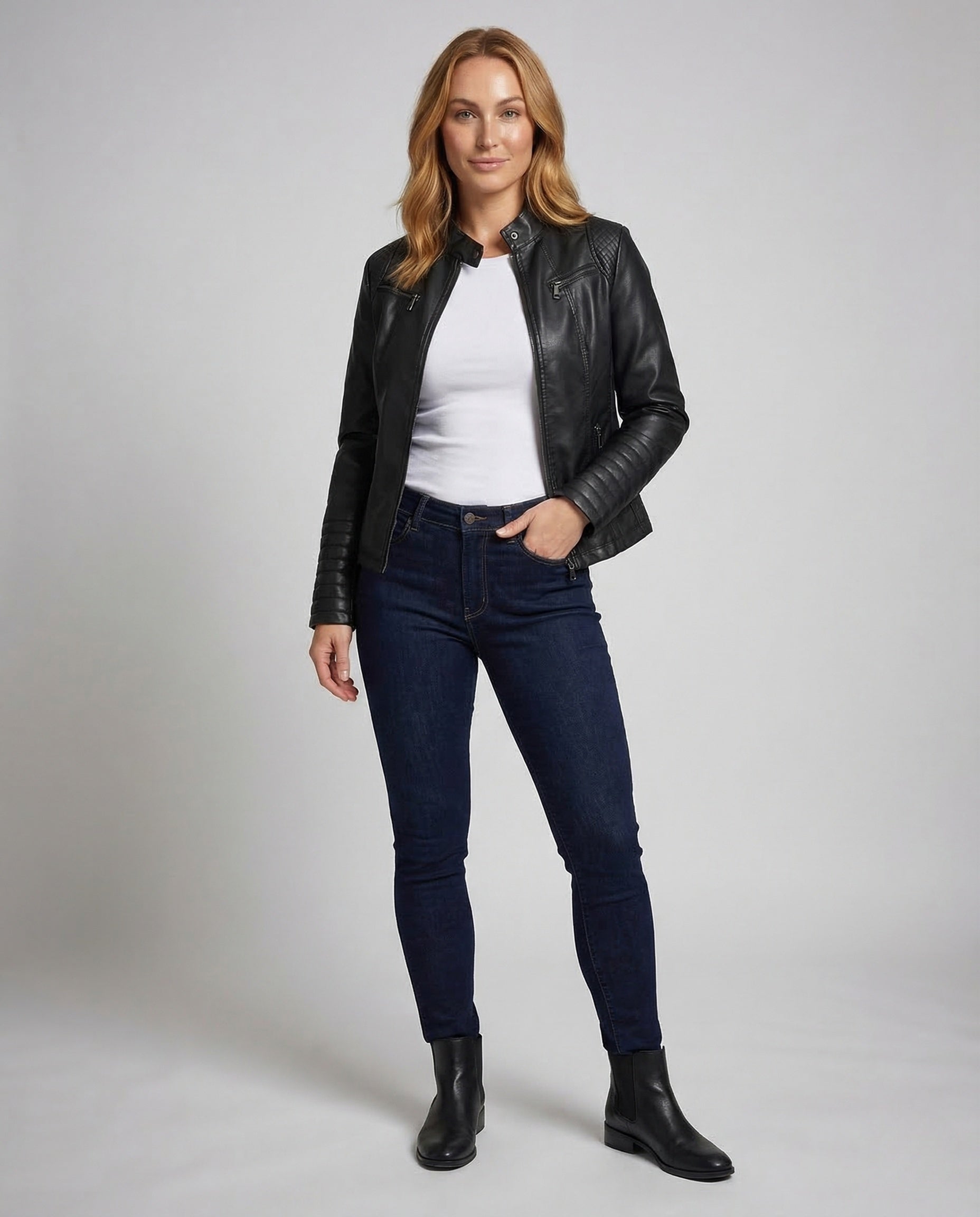 Damen Bikerjacke Kunstleder Steppärmel Schwarz - Norvielle