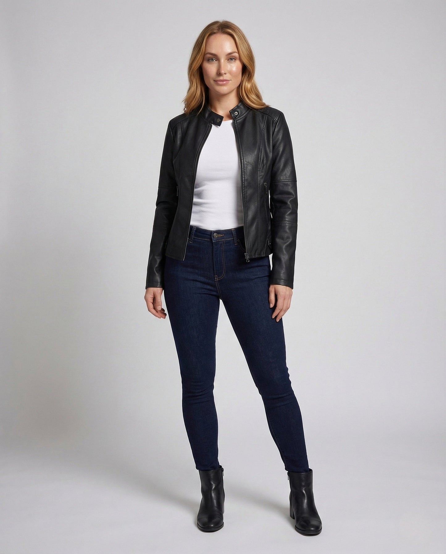 Damen Bikerjacke Kunstleder Stehkragen Schwarz - Norvielle