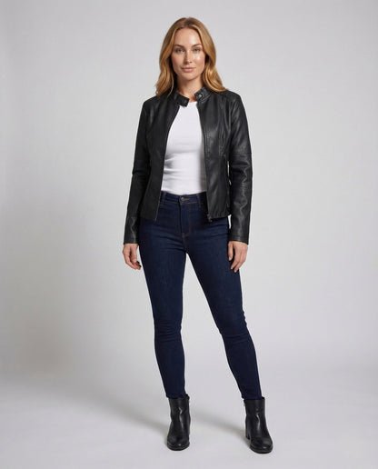 Damen Bikerjacke Kunstleder Stehkragen Schwarz - Norvielle
