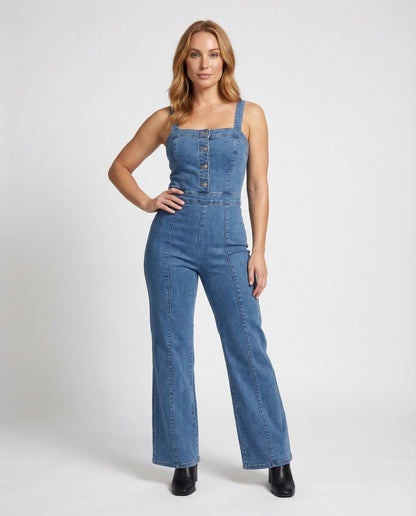 Damen Denim Jumpsuit mit Korsett und Druckknöpfen - Norvielle
