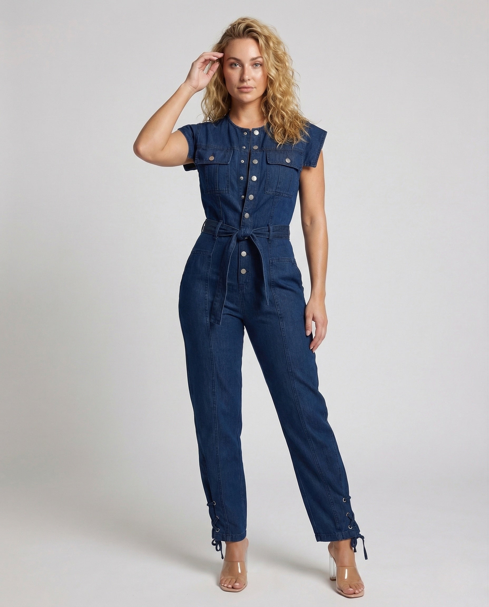 Damen Jeans-Overall mit Gürtel und Brusttaschen - Norvielle
