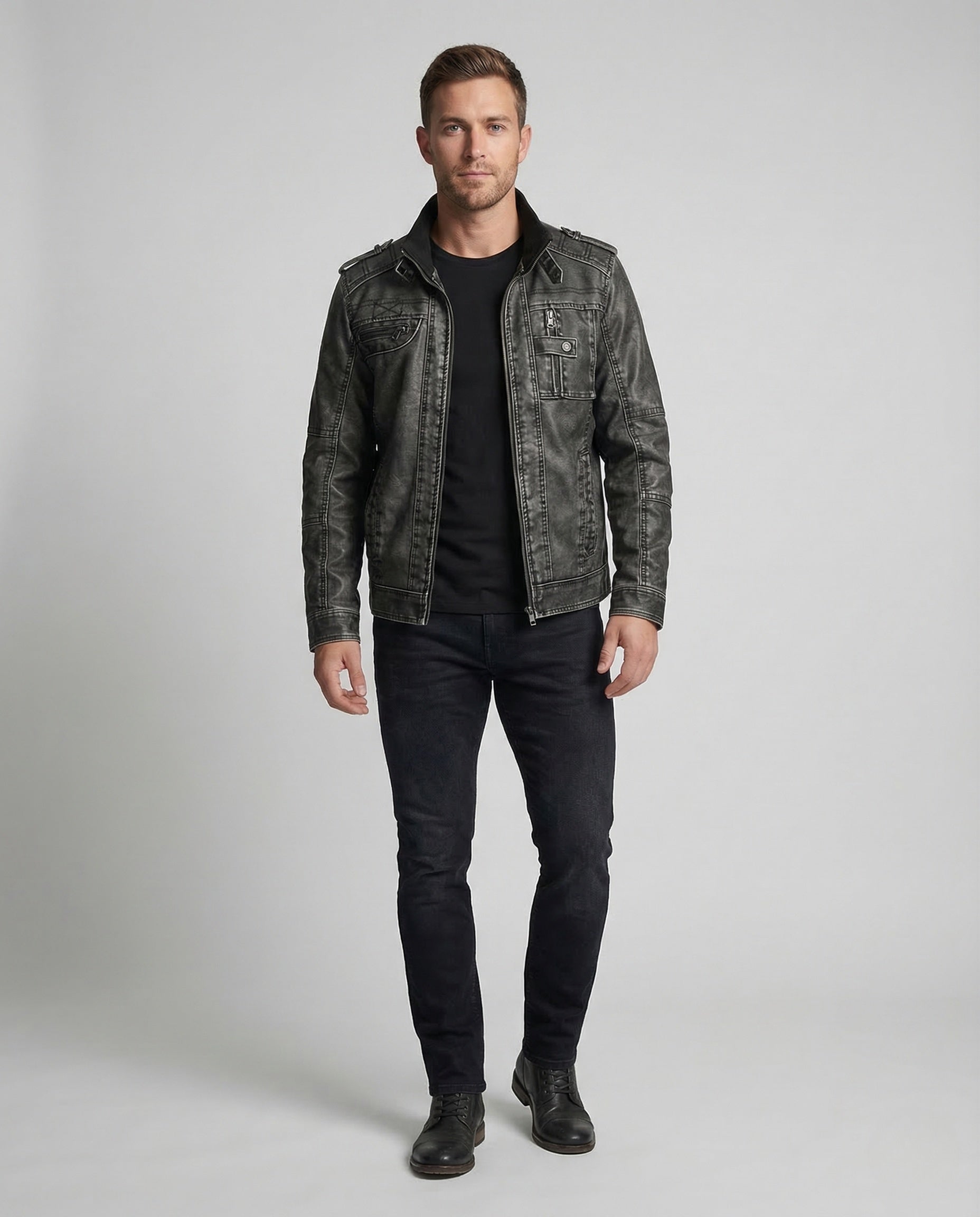 Herren Bikerjacke Kunstleder Stehkragen Schwarz - Norvielle