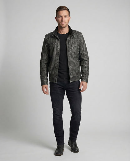 Herren Bikerjacke Kunstleder Stehkragen Schwarz - Norvielle