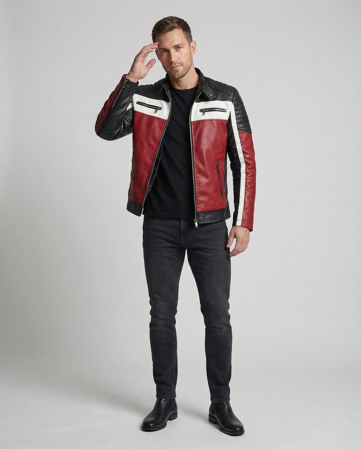 Herren Bikerjacke Kunstleder Teddyfutter Schwarz - Norvielle