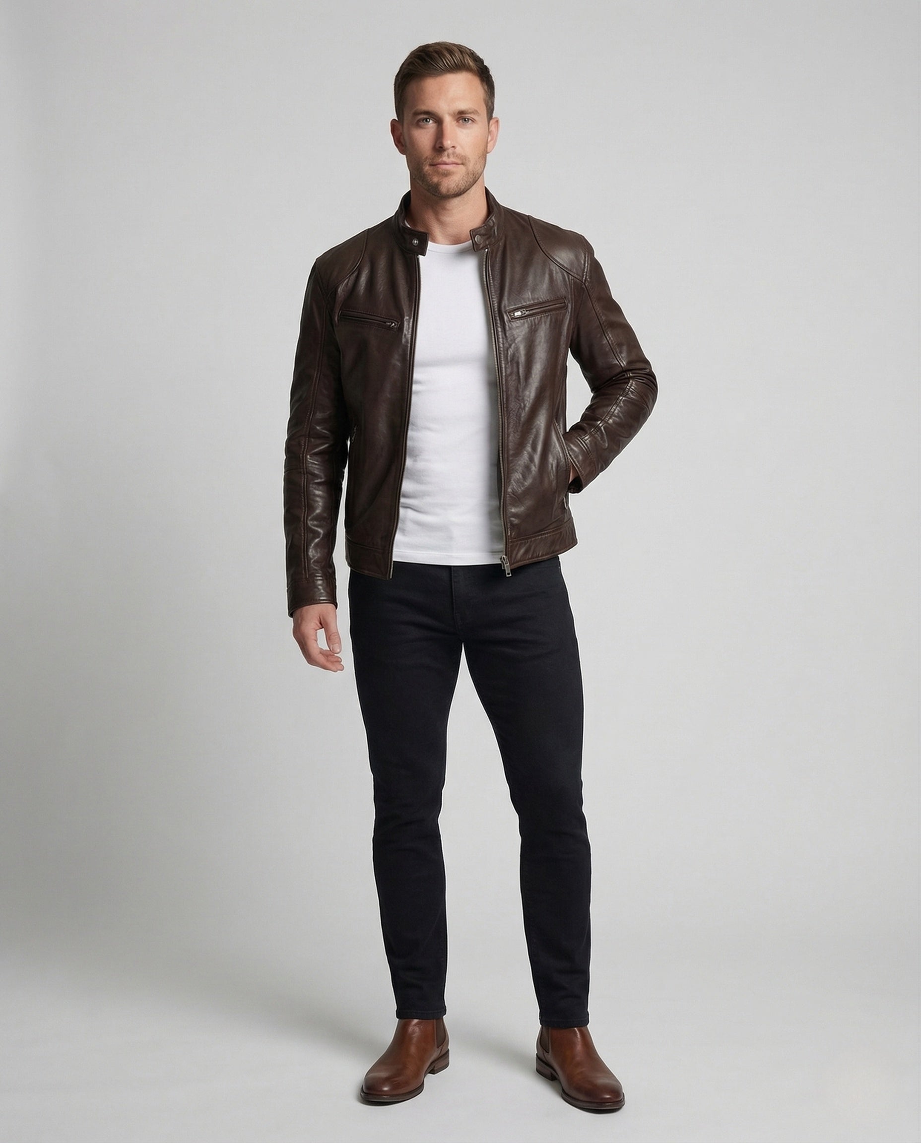 Herren Lederjacke Bikerstil Stehkragen Lederschutzjacke Schwarz - Norvielle