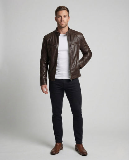 Herren Lederjacke Bikerstil Stehkragen Lederschutzjacke Schwarz - Norvielle