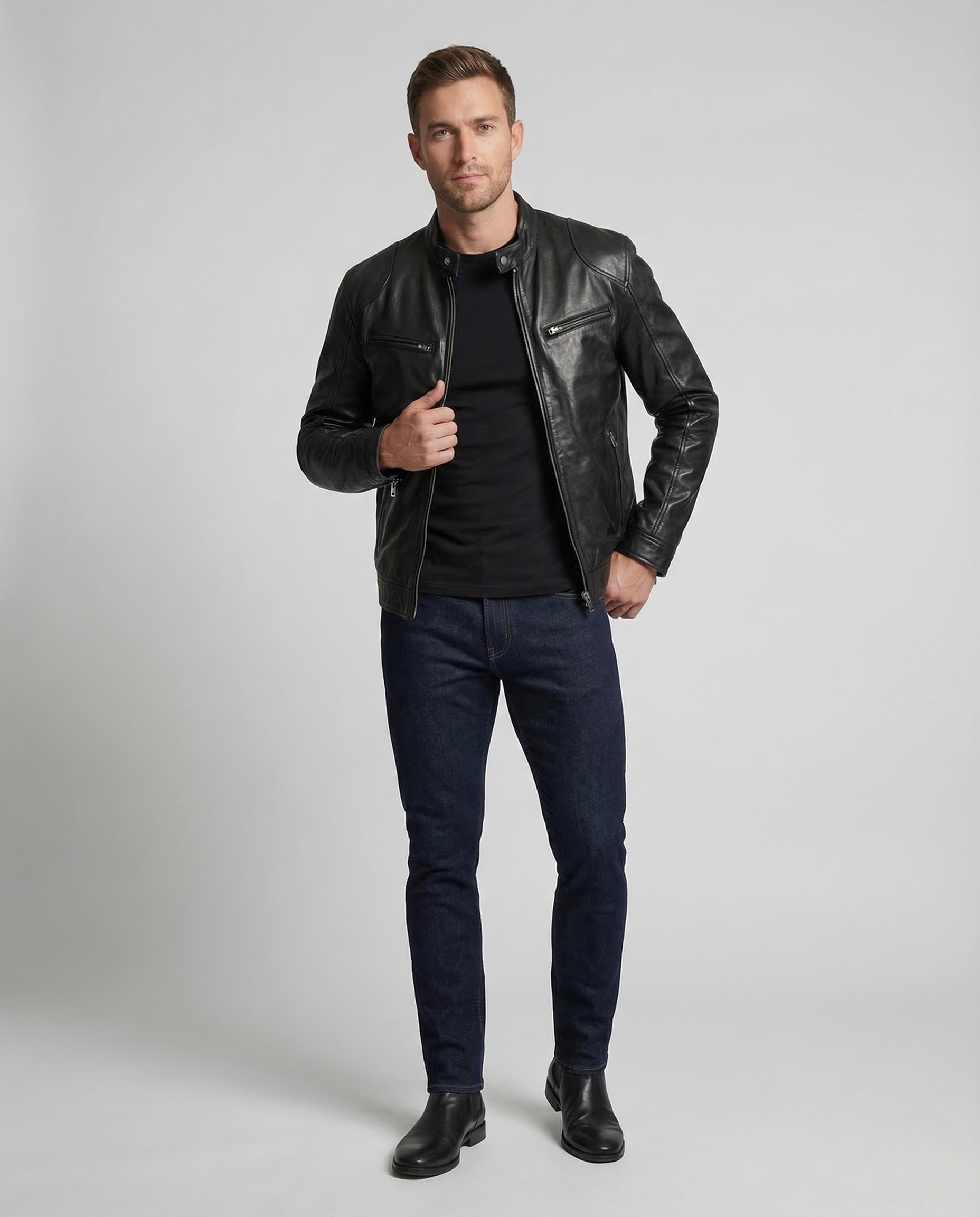 Herren Slim Bikerjacke Kunstleder Schwarz - Norvielle