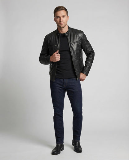 Herren Slim Bikerjacke Kunstleder Schwarz - Norvielle