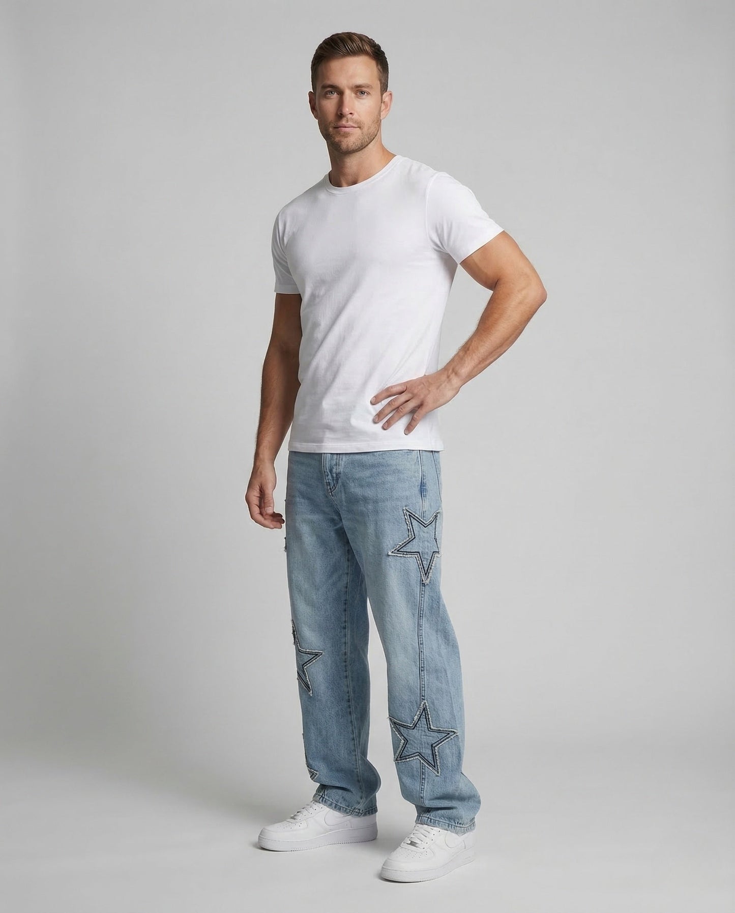 Unisex Jeans Weite Passform mit Sternenapplikation Blau - Norvielle
