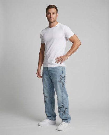 Unisex Jeans Weite Passform mit Sternenapplikation Blau - Norvielle