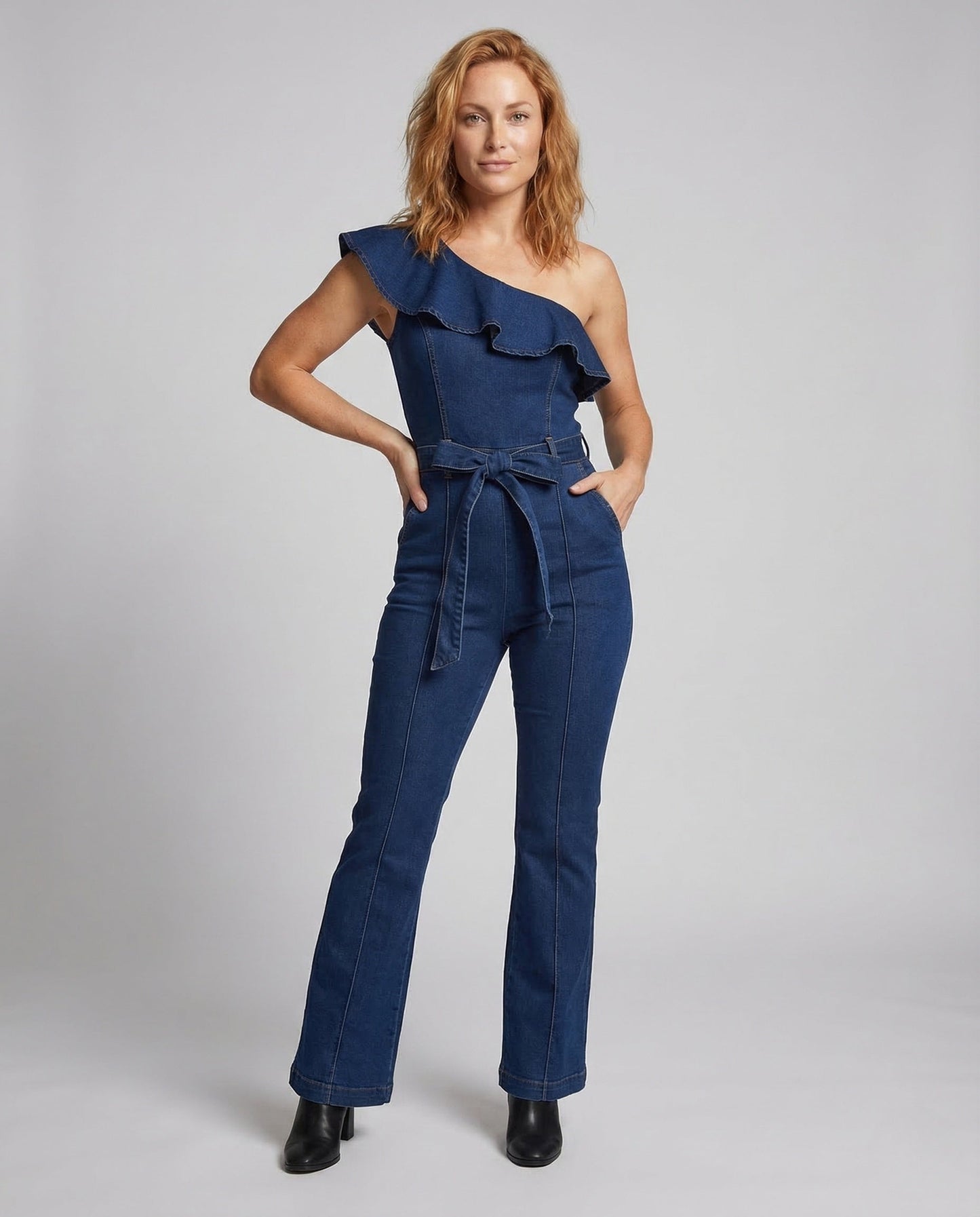 Damen Jumpsuit Jeans Rüschenausschnitt Schlag - Norvielle